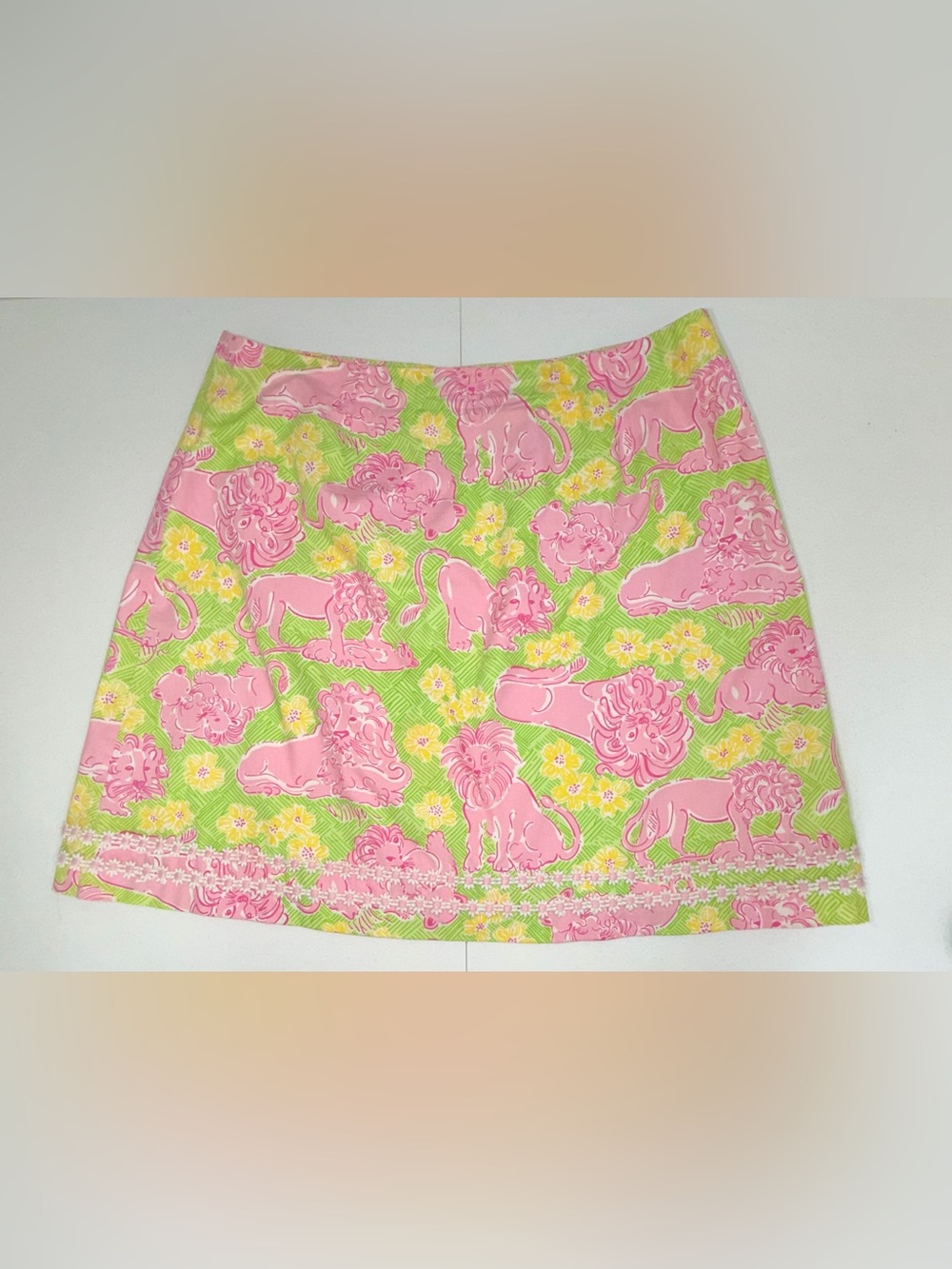 Lilly Pulitzer Vtg Sunny Side Lion Print Skirt Women's 10 Pink Green Daisy Trim
